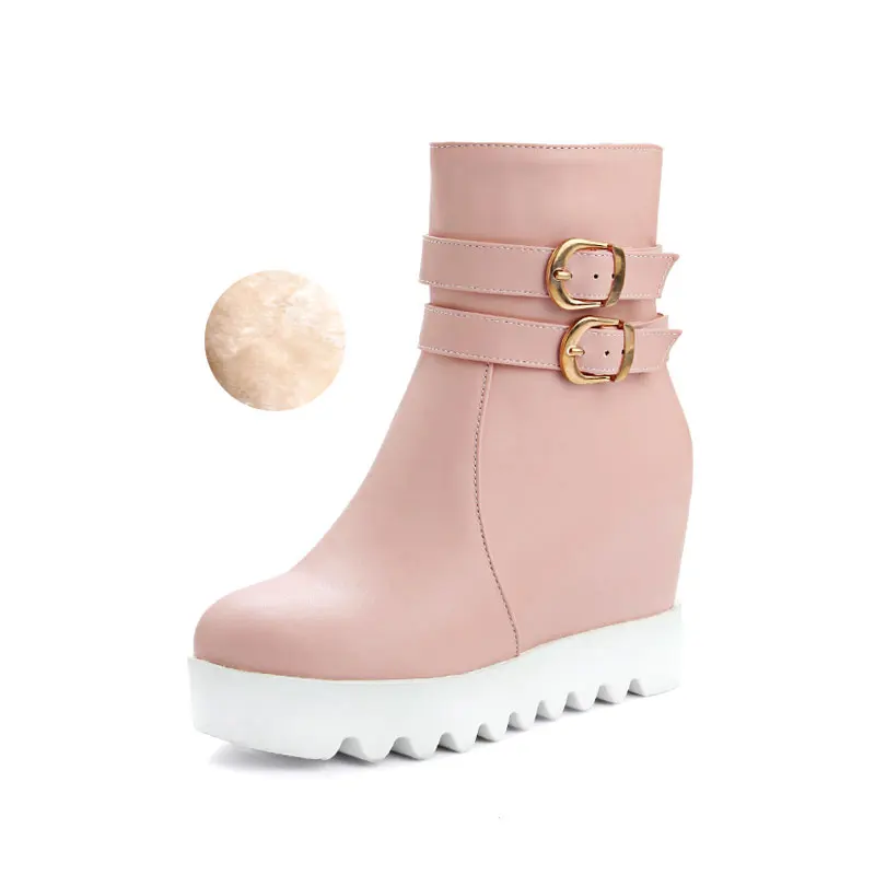 pink with fur Fanyuan bottes femmes; коллекция года; женские ботинки на танкетке; пикантные туфли на высоком каблуке; Модные женские кожаные ботильоны с боковой молнией - Цвет: pink with fur