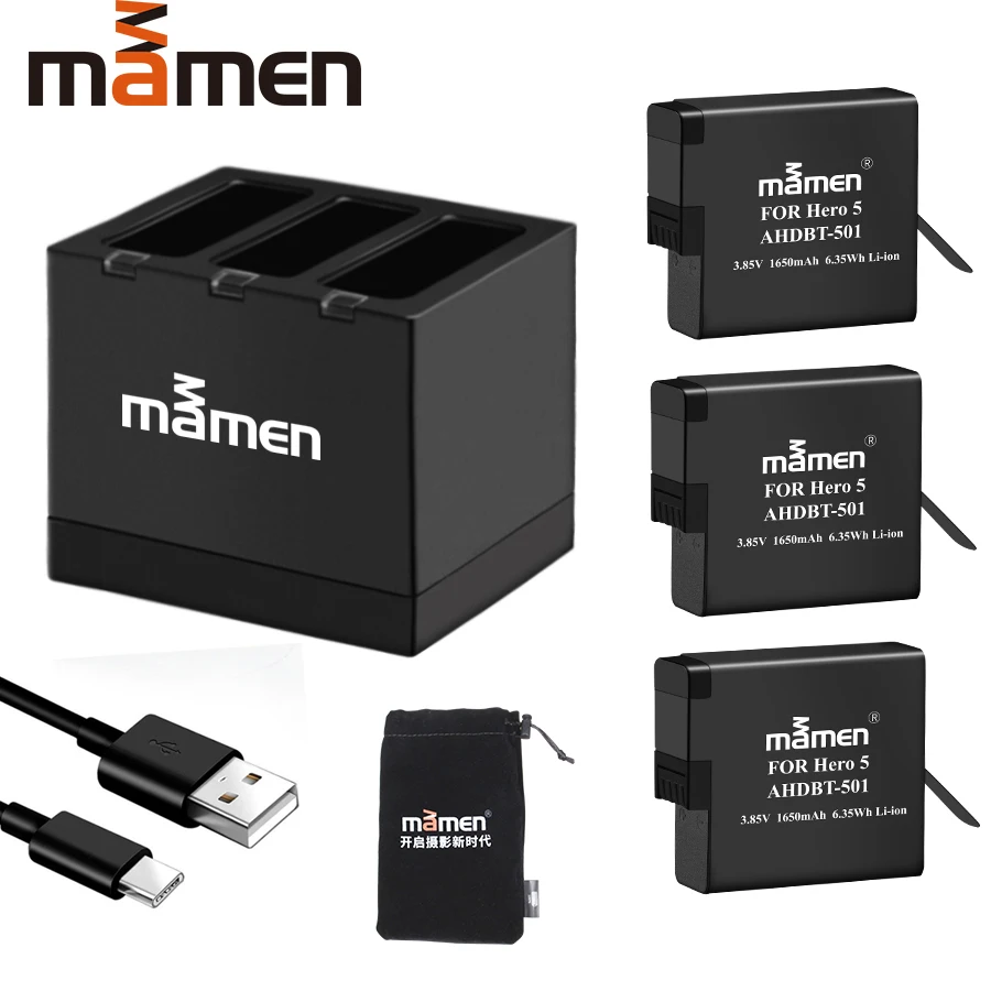 Mamen 3 шт. AHDBT-501 аккумулятор спортивный батарейный блок камеры с зарядным устройством type-C для GoPro Hero 5 6 7 черный аксессуары для спортивной экшн-камеры