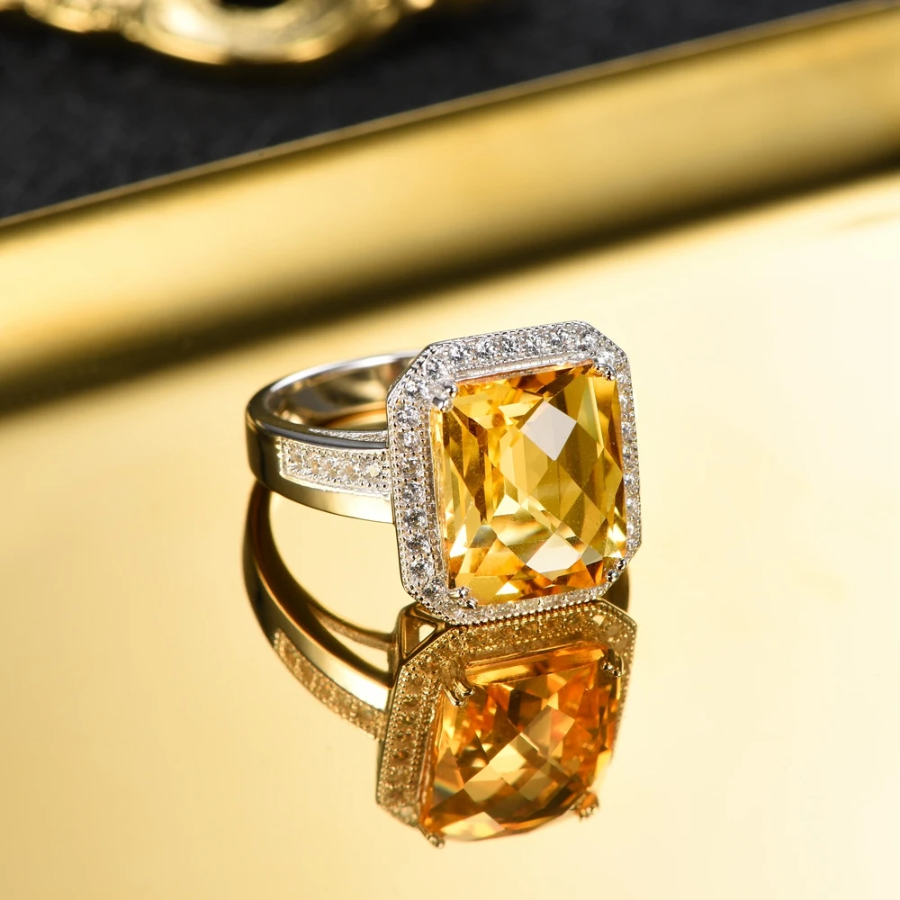 L&ampzuan S925 Sterling Silver Jewelry Ring Natural 6.02ct Citrine Yellow Luxury Square Gemstone Rings For Woman Christmas Gift | Украшения