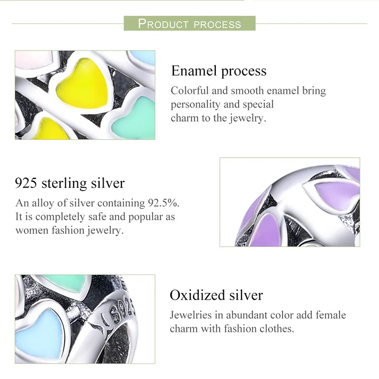 BISAER Real 925 Sterling Silver Rainbow Heart Color Enamel Charms Beads fit Original Bracelets Silver 925 Jewelry Making ECC902