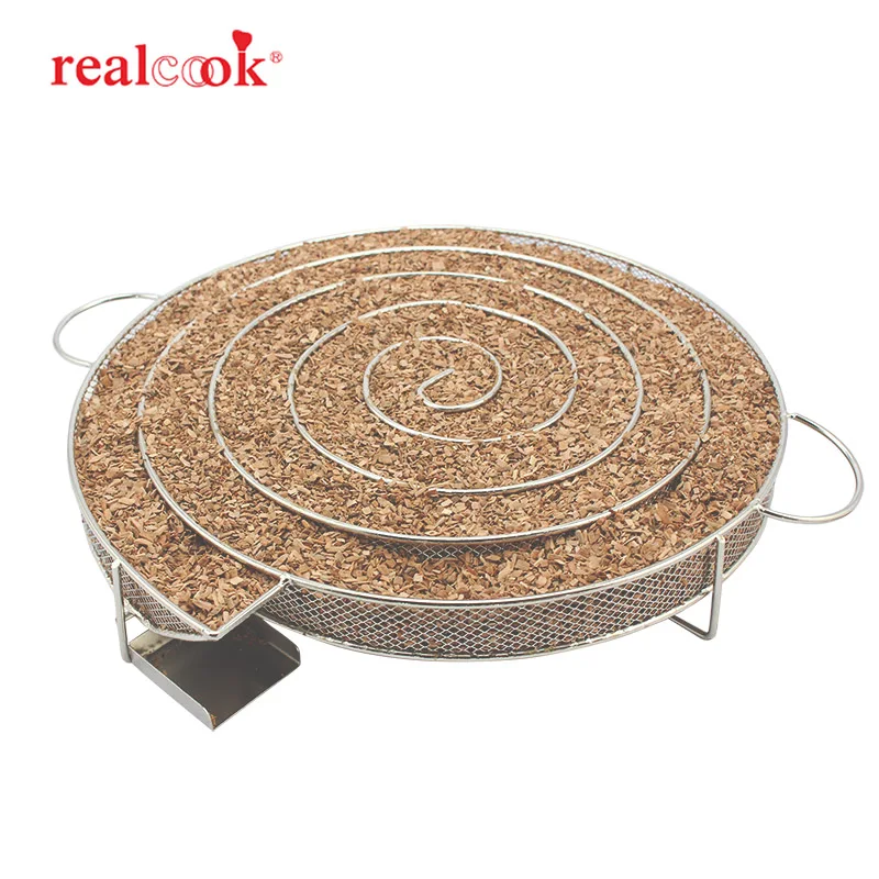 Realcook уголь барбекю курильщик круглый генератор холодного дыма открытый деревянный чип барбекю корзина инструмент для гриля кухня курить приготовления пищи