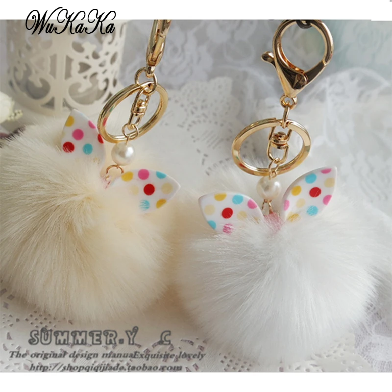 Брелок в горошек с бантиком Кроликом помпоном 100% натуральный кроличий мех брелок