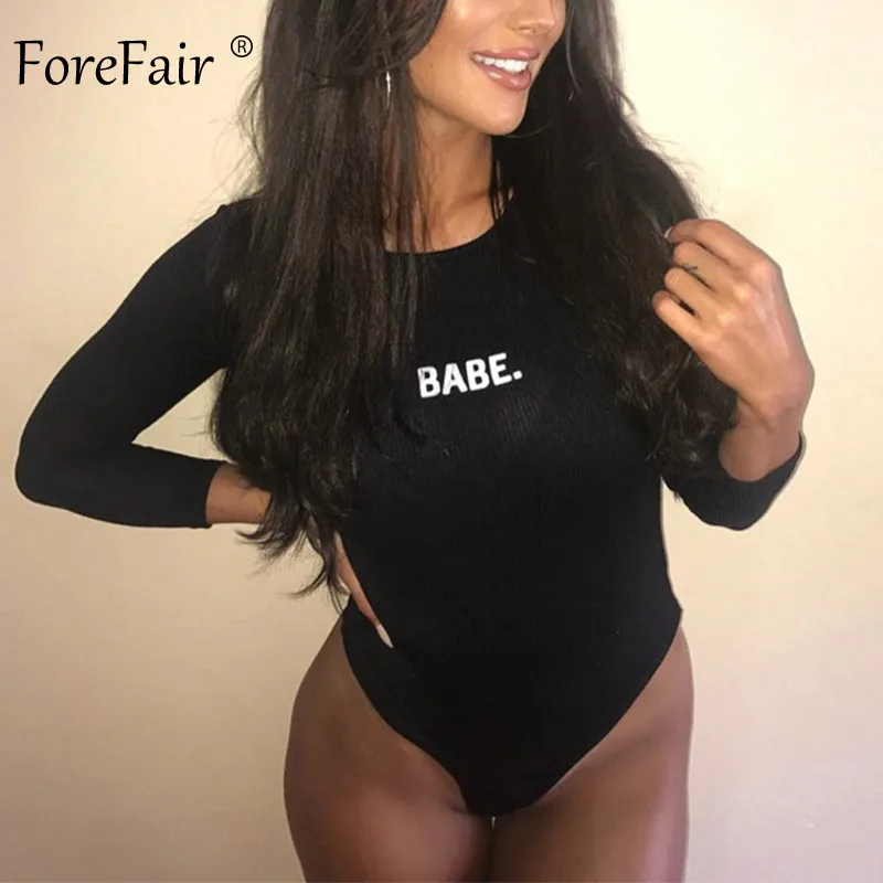 Forefair футболка с надписью, с длинными рукавами, боди с резинкой пикантные осень-зима модные оранжевые черный, белый цвет Повседневное скинни с круглым вырезом тела - Цвет: Black Bodysuit