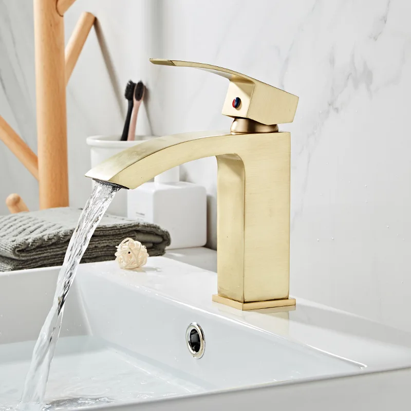 

Bathroom Waterfall Faucet Brushed Luxury Basin Faucet Over Mount Water Tap Solid Gold Faucets Single Handle Sink Mixer