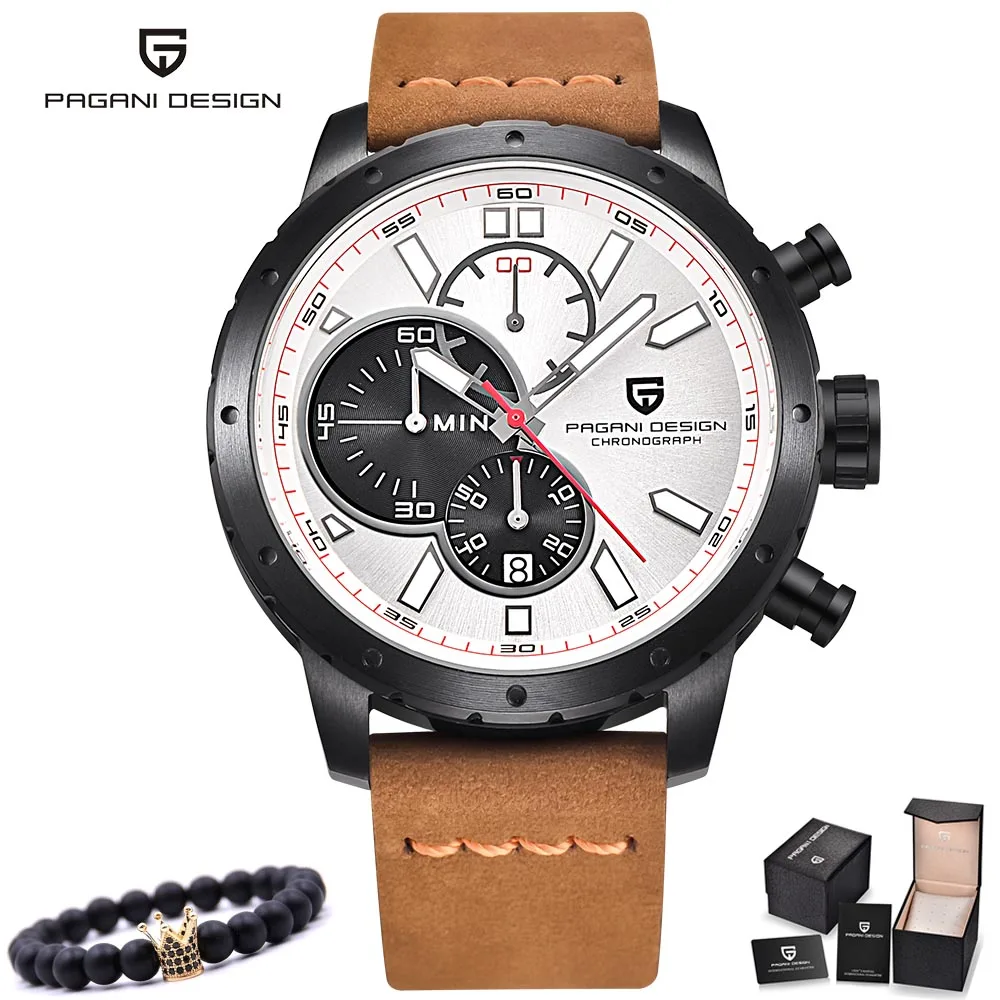 brown black white l PAGANI дизайнерские Роскошные Брендовые мужские часы с хронографом водонепроницаемые спортивные кварцевые наручные часы мужские кожаные военные часы мужские часы - Цвет: brown black white l