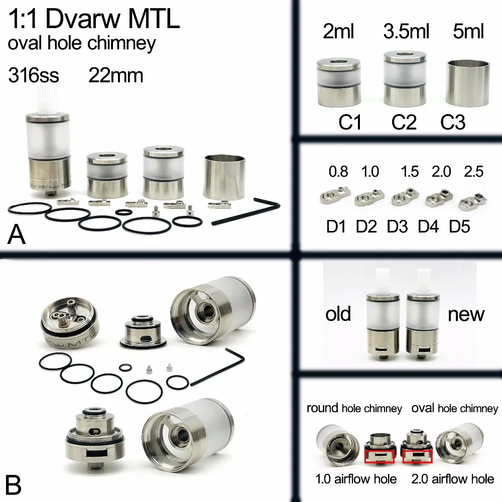 5 шт. Dvarw MTL RTA мл большой овальный дымоход 316 нержавеющая сталь 22 мм