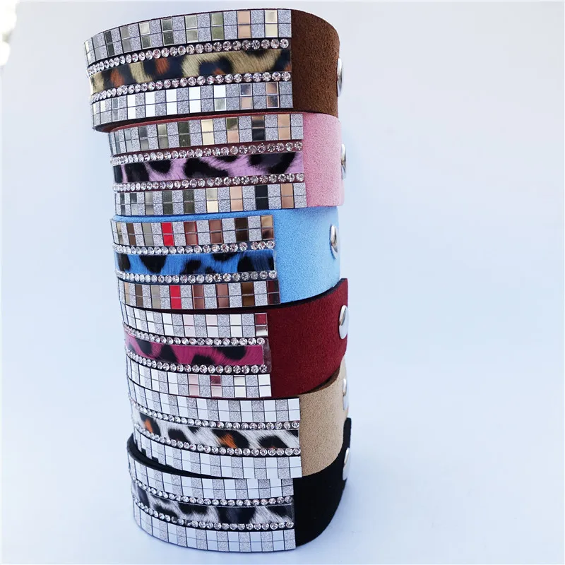 

22cm Wide Suede Leopard Grids Rhinestone Bracelet For Women Girls Jewelry