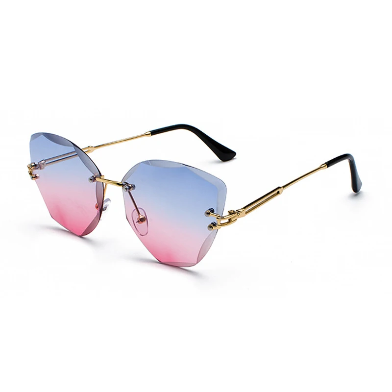 C1-Gold-Blue Pink WOWSUN, брендовые, модные, без оправы, кошачий глаз, форма, женские солнцезащитные очки, PC линзы, сплав, очки, lLegs, UV400, A506 - Цвет линз: C1-Gold-Blue Pink