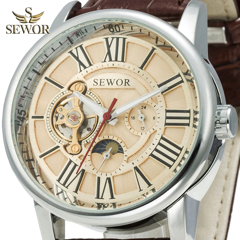 SEWOR люксовый бренд для мужчин s Топ Мода Высокое качество кожаный ремешок Tourbillion автоматические часы для мужчин спортивные часы relogio masculino