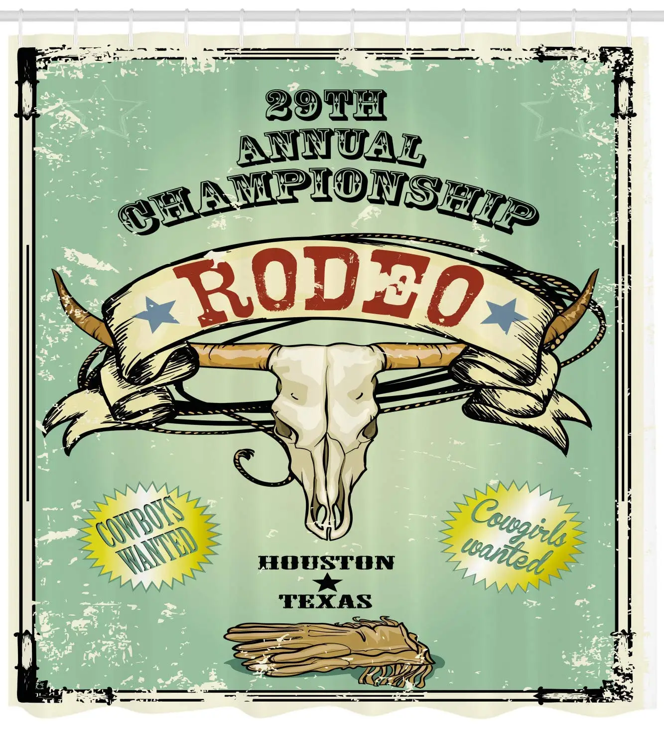 Западный Душ занавес Ретро стиль Rodeo Чемпионат плакат бык Череп большие рога