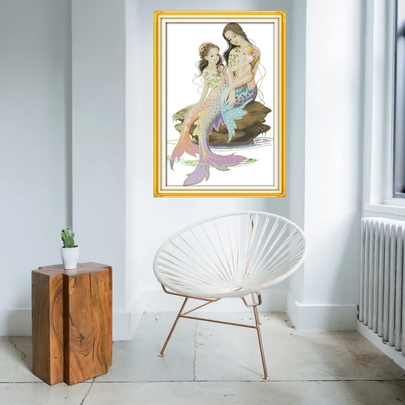 Набор для вышивки Русалочка и ее мама крестиком 14CT 11CT DMC|cross stitch kits|cross stitch14ct cross kits |
