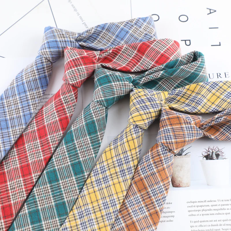

Brand New Striped Soft Mens 100% Cotton Necktie Bright Check Artificial Skinny Ties Men business Small Tie Designer Cravat 6cm