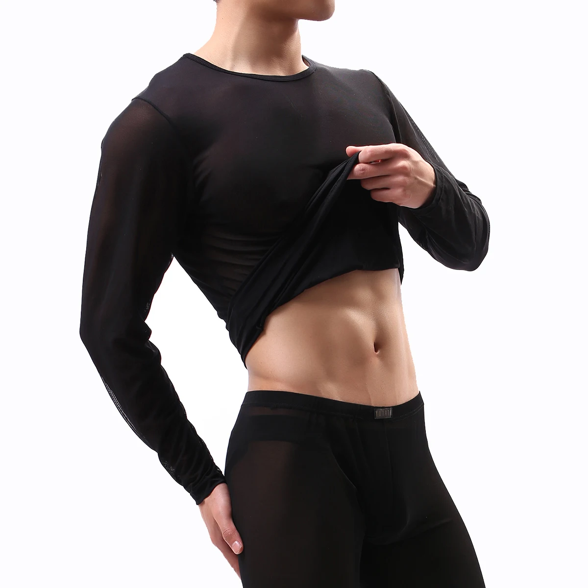 Black-Only Top Новая мода, Мужская сексуальная прозрачная марлевая майка, ультратонкая, круглый вырез, прозрачная сетка, длинный рукав, футболка для фитнеса, мужские футболки - Цвет: Black-Only Top