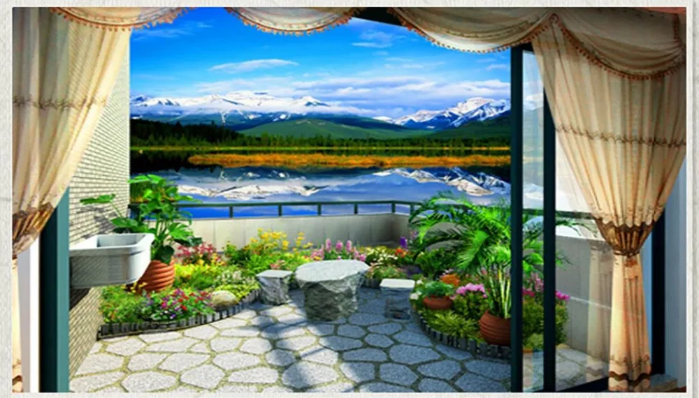 3d обои для ванной комнаты интерьер окно настенная роспись фото рисования