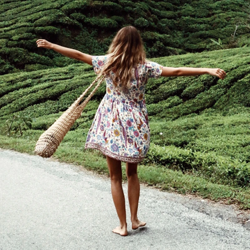 Богемный Вдохновленный цветочный принт v-образный вырез пуговицы свободное