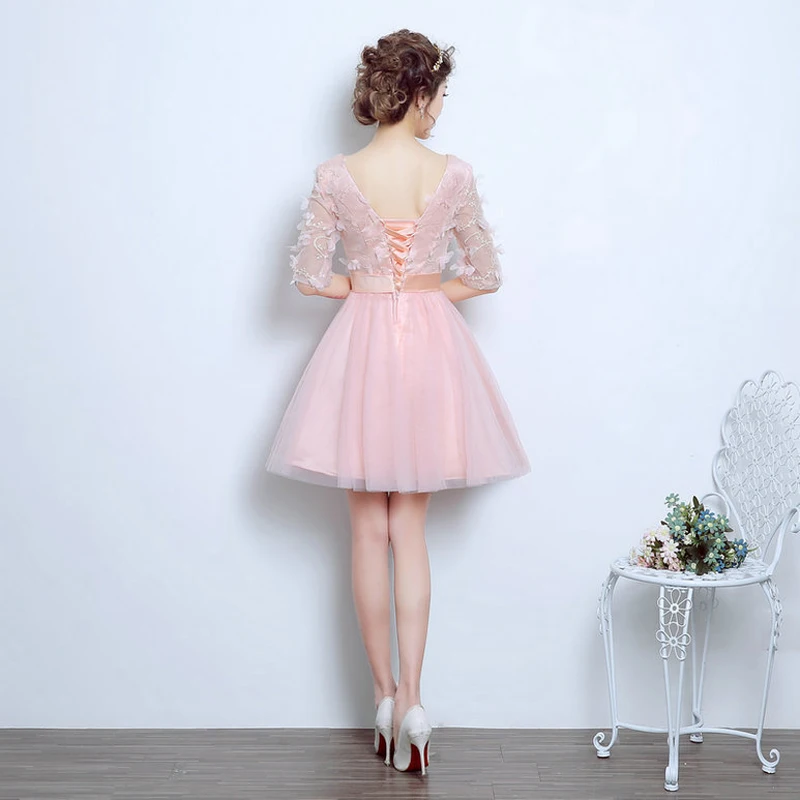 WB662 Short Homecoming Dresses Prett Girls Birthday Party Graduation Prom Gown Floral Lace Half Sleeve Pink Dress | Свадьбы и