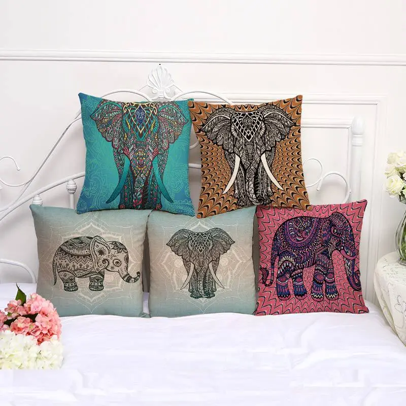 

New India Elephant Painting Pattern Cushion Cover Cotton Linen Decorative Pillowcase Chair Seat 45x45cm Pillow Cover A1116