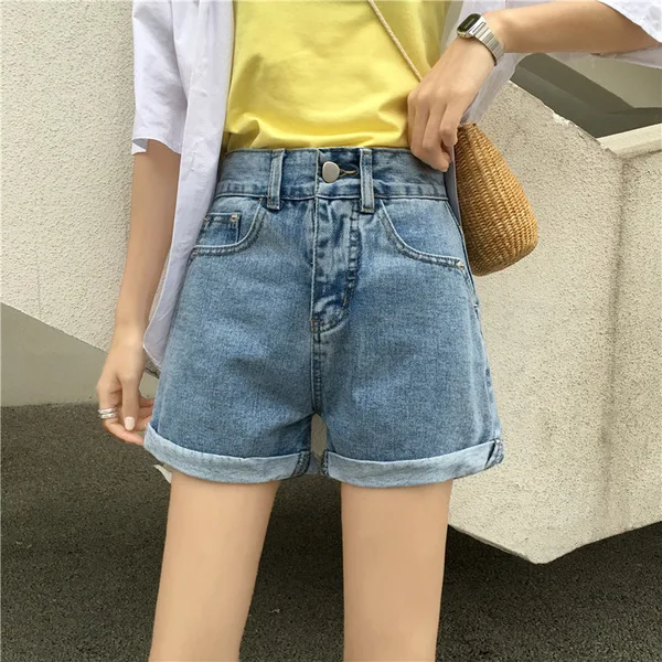 Джинсы с высокой посадкой 2019 прямые шорты карманами для завивки|Комбинезоны c