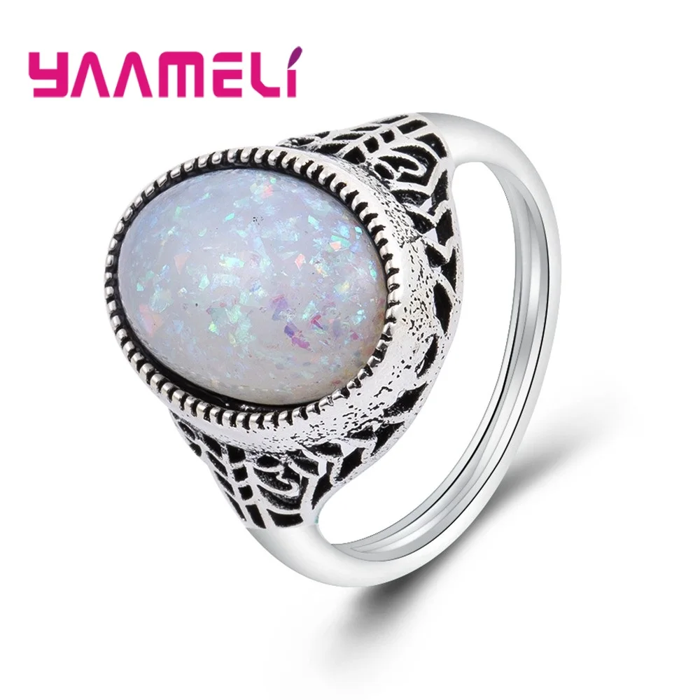 

YAAMEL High Quality 925 Sterling Silver Finger Rings For Men Boys Big Oval Mysterious Opal Crystal Jewelry Present Accessories