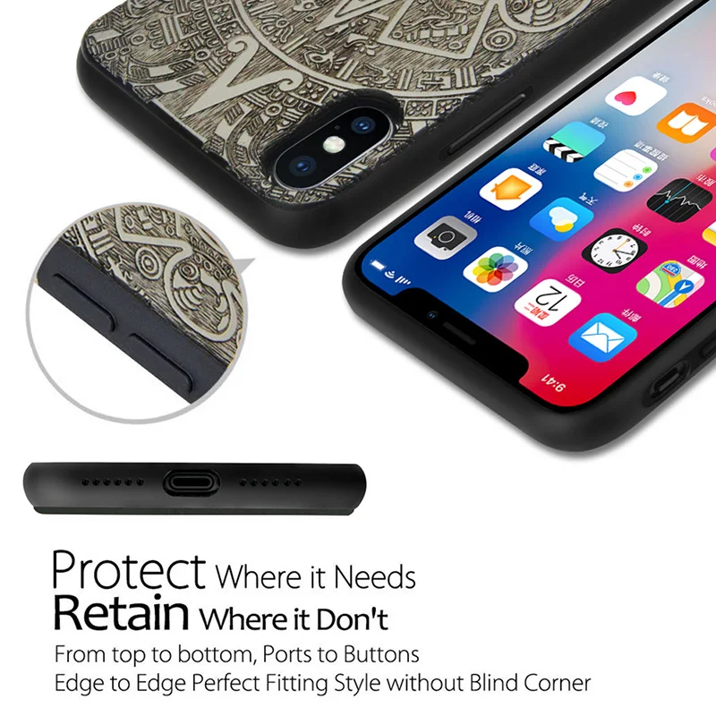 Роскошный чехол для iPhone X XS с резным деревянным лицевым покрытием и гибким