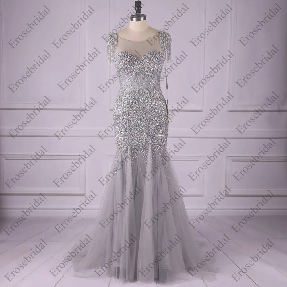 Erosebridal серый бисером Русалка вечернее платье Sheer шеи элегантные длинные платья выпускного вечера из жемчуга U назад шеи дизайн Прямая поставка