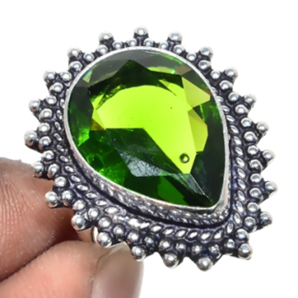 Кольцо Peridots серебряное покрытие над медью размер США 7 R4705|Кольца| |