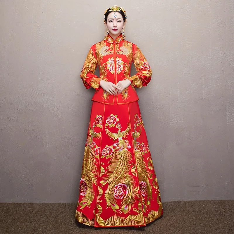 Невесты Для женщин феникс вышивка платье Чонсам красный Qipao длинные традиционные