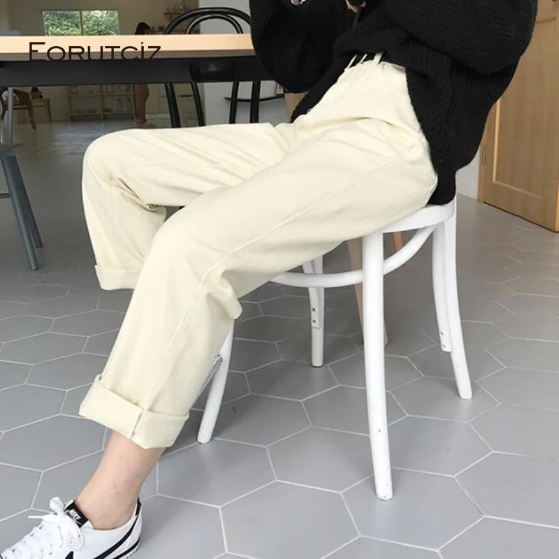 

EORUTCIZ Spring Loose jeans Women High Waist Denim Wide Leg Pants Female Vinatge Pocket Pant Black Trousers LM210