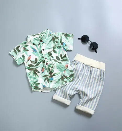 2019 Brand Summer Newborn Baby Boy Fashion Clothes Green Leaf Short Sleeve Tops Shirt+Short Striped Pants Set Holiday Beachwear |