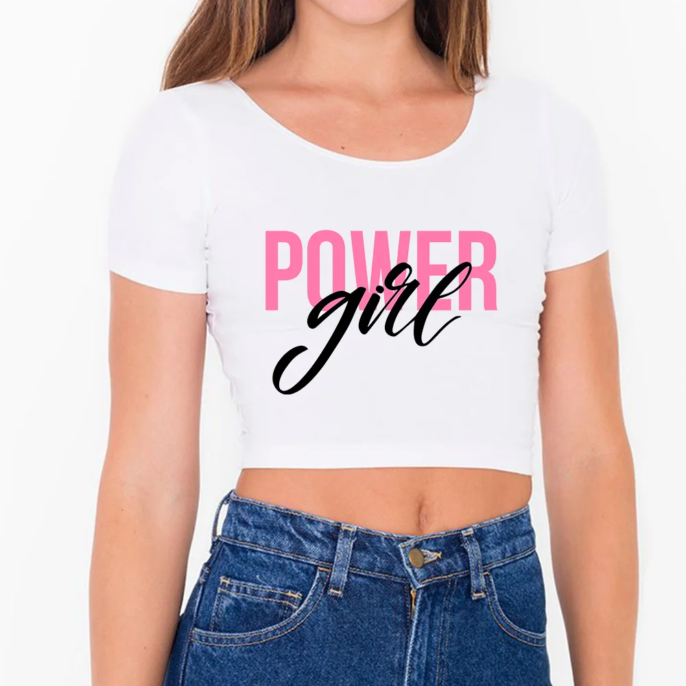 

Power Girl Crop tops Aesthetic Letter Printed Female Clothing Plus Size White Spandex Women Slim Sexy Cropped Tops Feminist