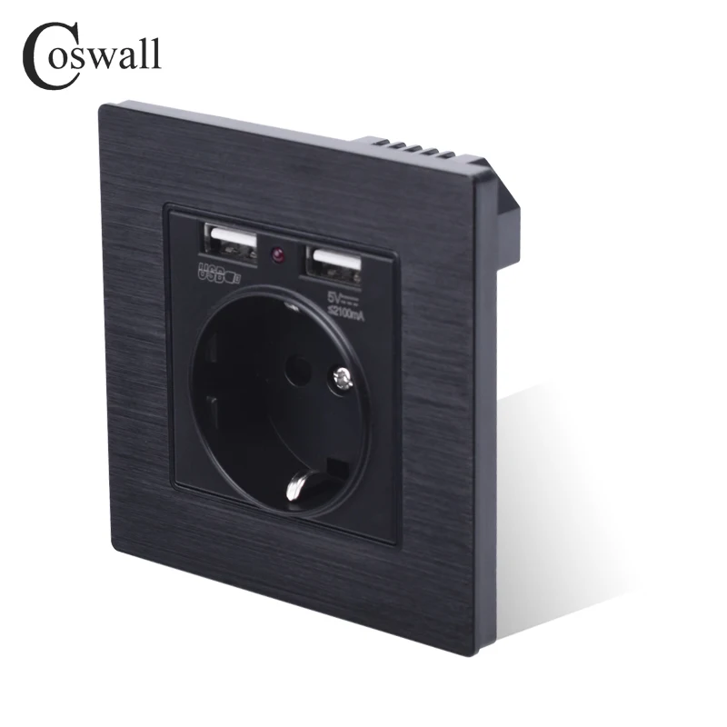 Черная алюминиевая металлическая панель Coswall с двумя USB портами для зарядки а 16 А
