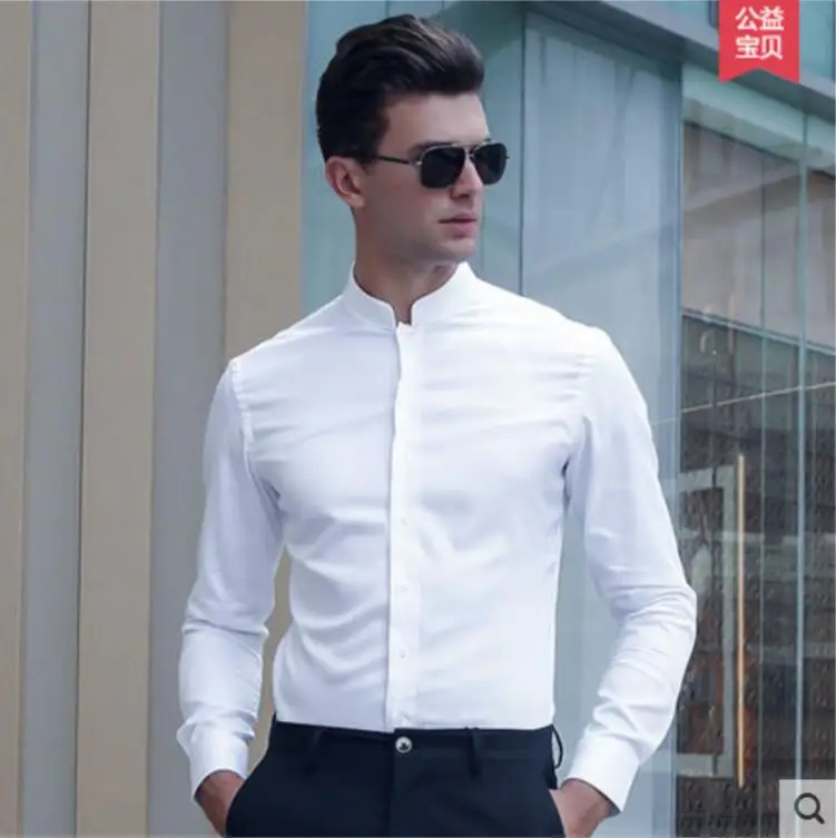100%Cotton Solid White Black Shirt Men  s Business Stand Neck Fashion Spring Autumn Professional Tailor-made High Quality