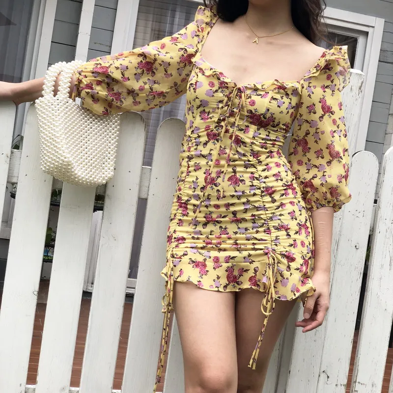 Summer dress 2020 boho yellow floral mini women beach vintage sexy ruffle chiffon party casual korean vestidos | Женская одежда