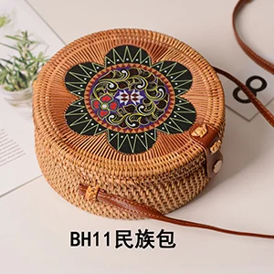 BH11 Женские сумки из ротанга с цветочным принтом, Пляжная винтажная сумка через плечо, женская Соломенная круглая Сумка-слинг B126 - Цвет: BH11