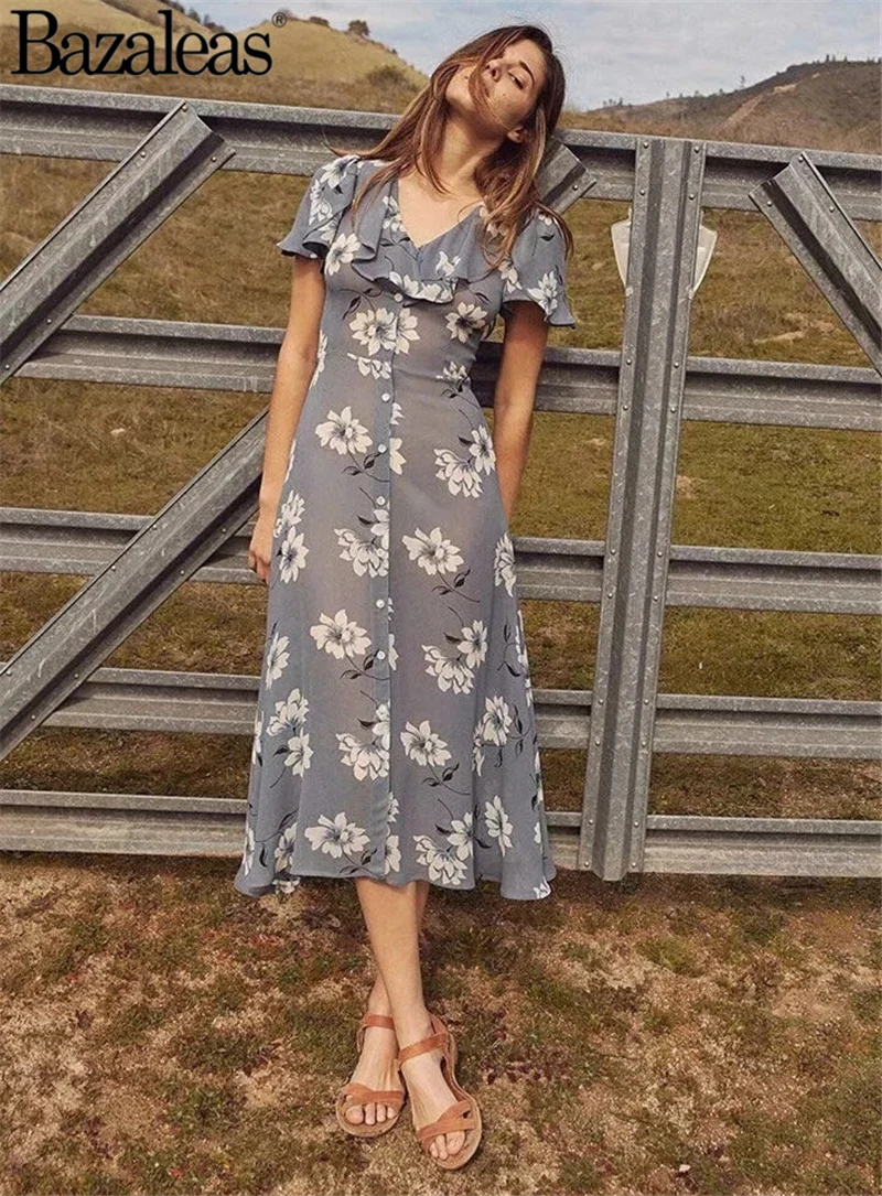 Оборками Длинные платья Тонкий Лепесток рукавом vestidosChiffon синий цветочный принт