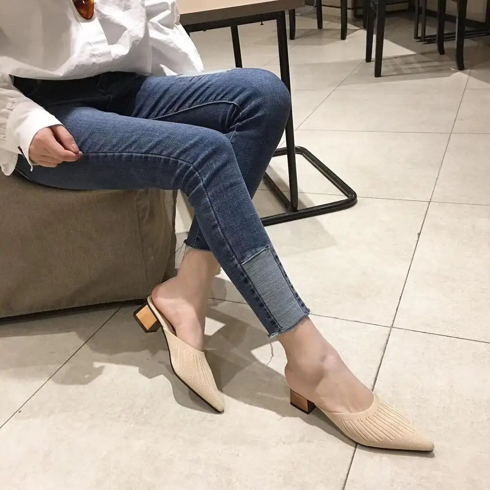 Pointed slippers ladies Hand knitting square head breathable sandals and slippers rubber slippers for women shoes With high 4CM