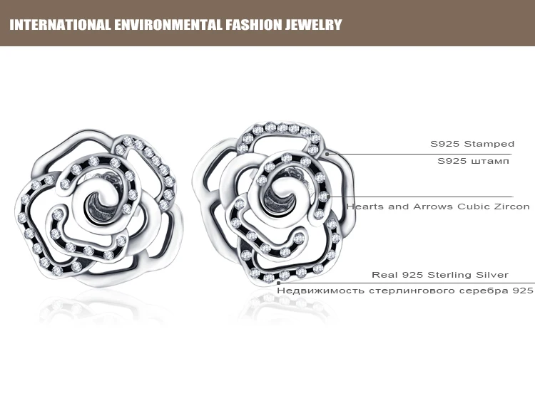 LZESHINE Trendy Original 925 Sterling Silver Rose Flower Stud Earrings with Clear CZ Women Jewelry PSER0006-B | Украшения и