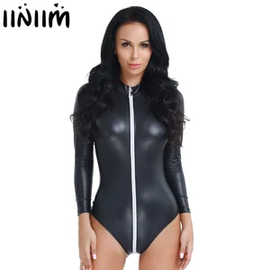 Женское нижнее белье, облегающие чулки в стиле панк из искусственной кожи, с длинными рукавами, на молнии, для вечеринок, трико, комбинезон, боди, облегающий костюм, сексуальная клубная одежда