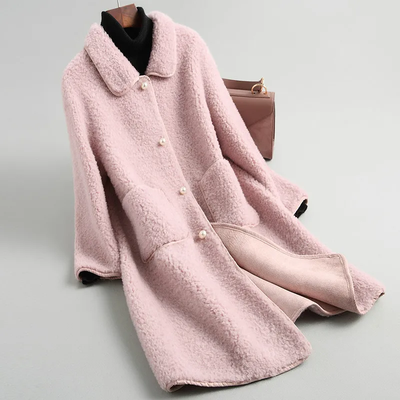 Pink Зима-осень, модное пальто из настоящего овечьего меха, корейское Элегантное повседневное длинное пальто из натуральной овечьей шерсти 19007LW398 - Цвет: Pink