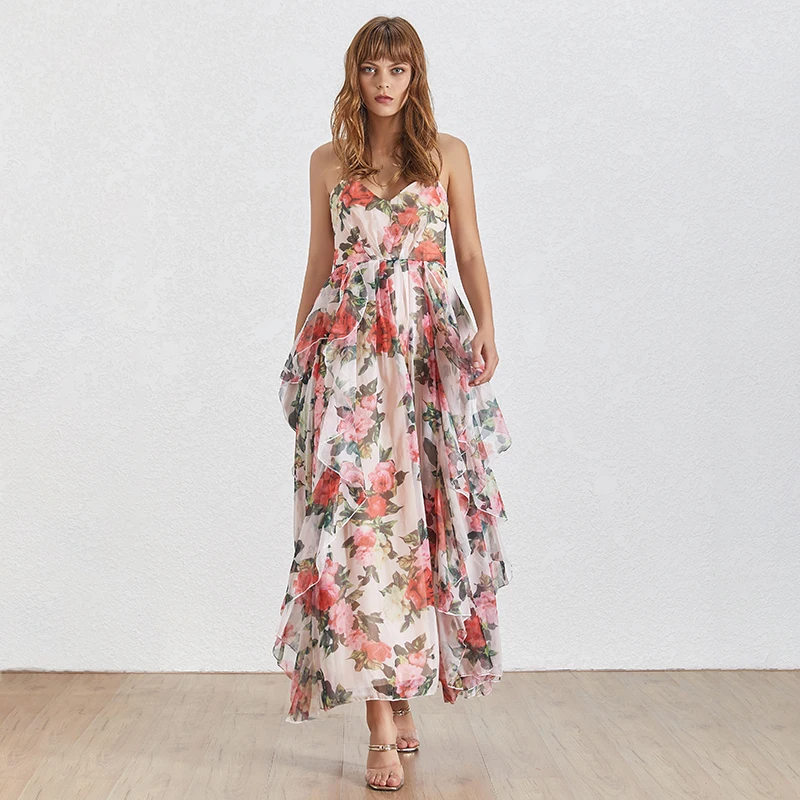TWOTWINSTYLE женское платье без рукавов с принтом, с открытыми плечами, с открытой спиной, с высокой талией, с оборками, длиной до лодыжки, платья, женская мода