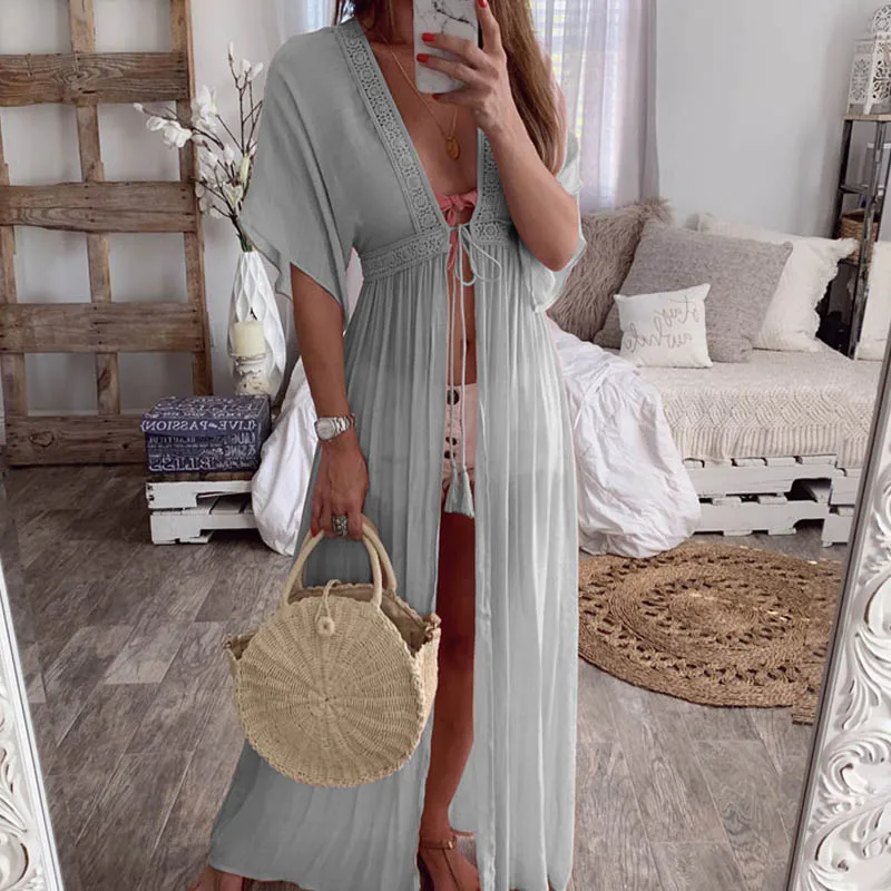gray Fanbty Boho женское кружевное кимоно кардиган Пляжная накидка открытая стежка шифоновый кардиган праздничное платье длинные платья с коротким рукавом - Цвет: gray