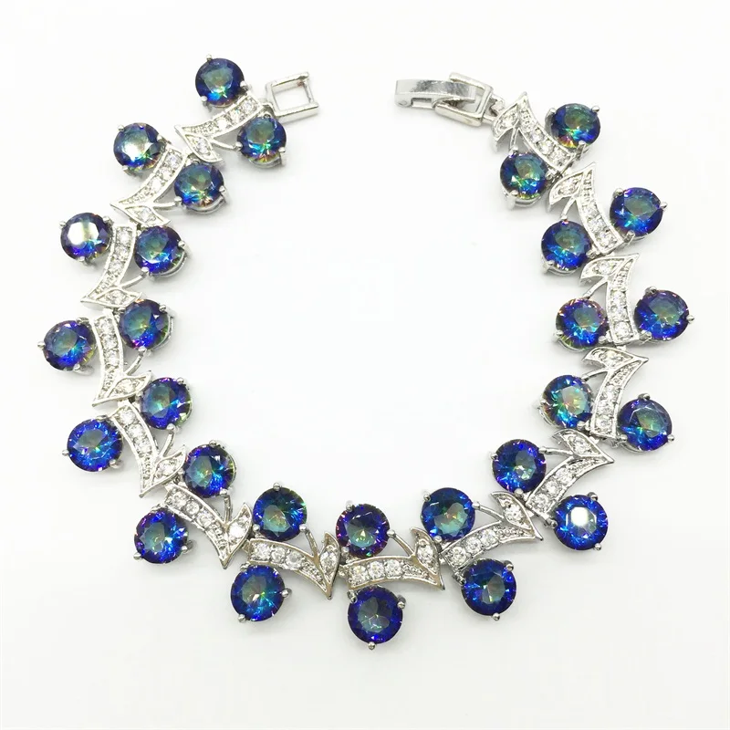 

Blue Rainbow Mystic & White Sterling Silver Overlay Link Chain Bracelet 7 inch Free Shipping