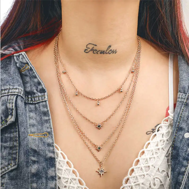 2020 винтажное многослойное Золотое модное женское ожерелье с розой звездами