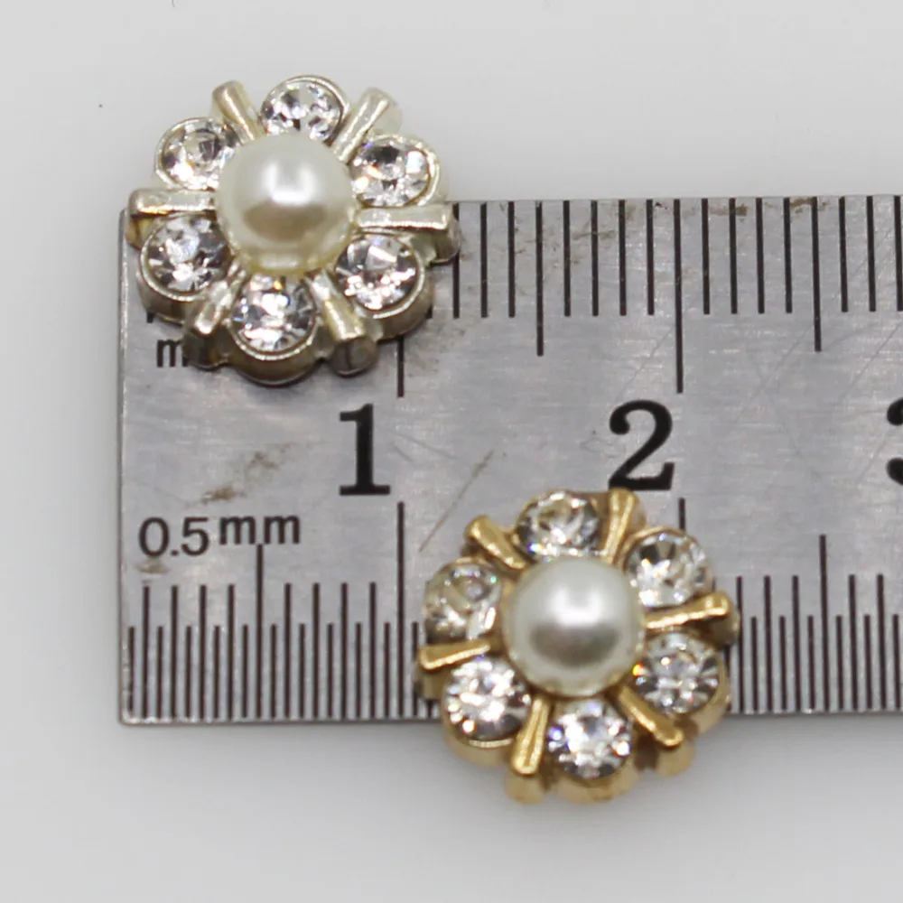 Мини Мода 11 мм круглый сплав жемчуг стразы золотые пуговицы серебряная брошь со
