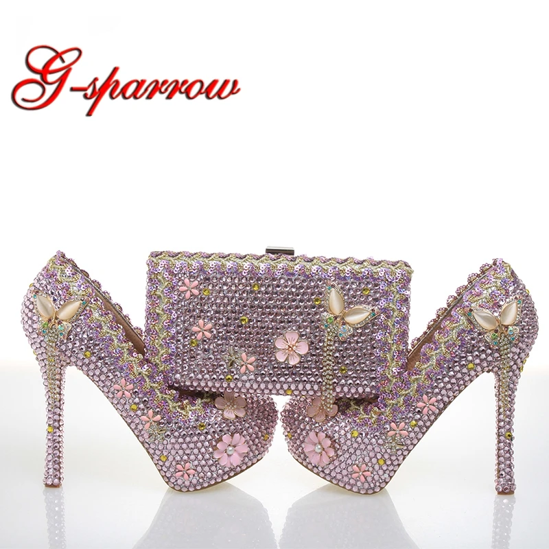 Розового цвета с украшением в виде кристаллов Свадебные туфли Обувь на высоких