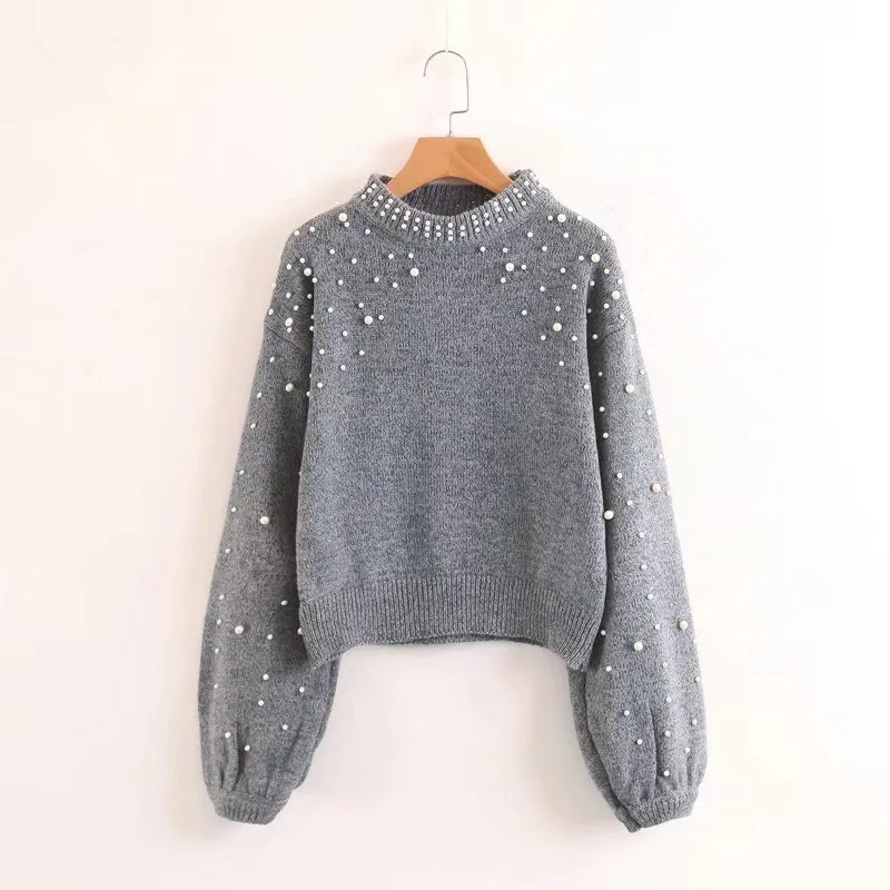 gray TWOTWINSTYLE, тяжелый свитер с бисером, Женская водолазка, фонарь, длинный рукав, вязаный пуловер, топы для женщин, плюс толстый,, весна - Цвет: gray