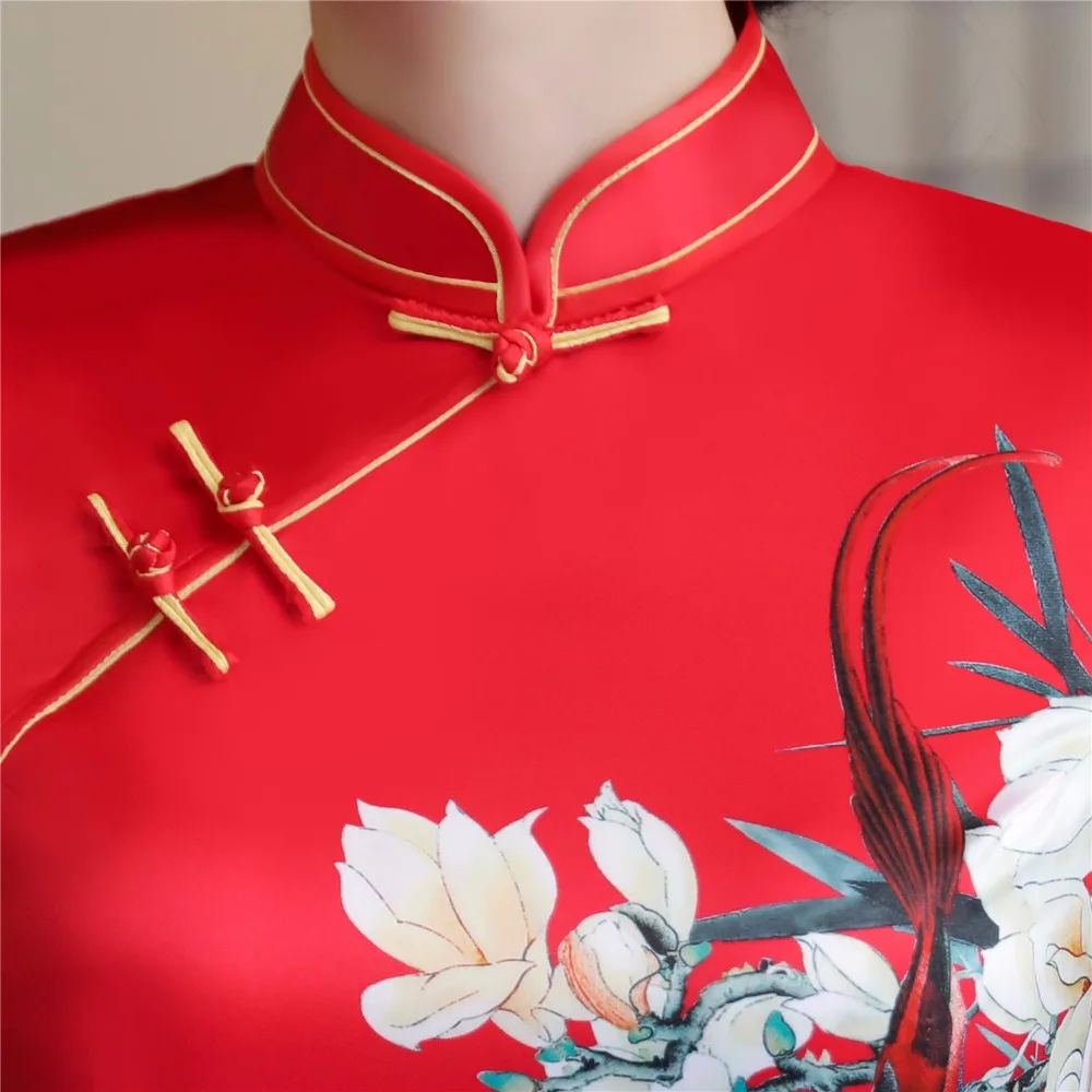 Шанхай история искусственного шелка Qipao Платье длинное Cheongsam национальный тренд платья короткий рукав тонкий Традиционный китайский платье для женщин