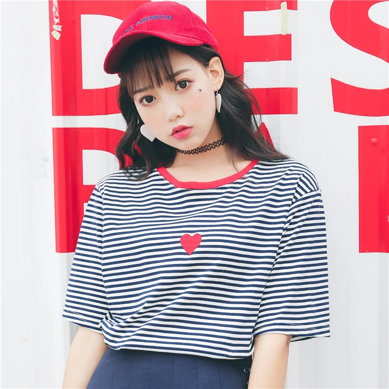 Harajuku милые топы с вышивкой в виде сердца футболка для женщин лето 2018 корейская