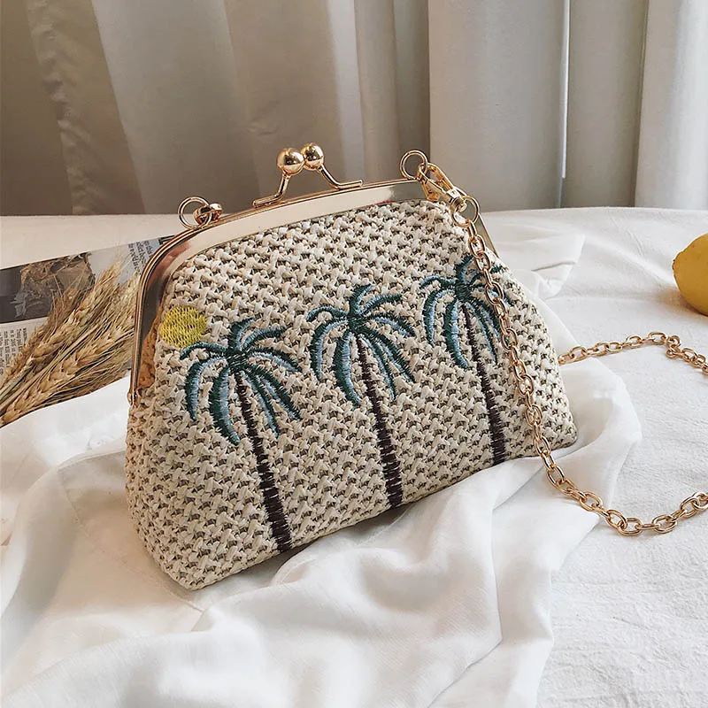 coconut tree Соломенный пляжный тканый вышитый клатч женская сумка с цепочкой в виде ракушки маленькая сумочка вязаная сумка через плечо известная - Цвет: coconut tree