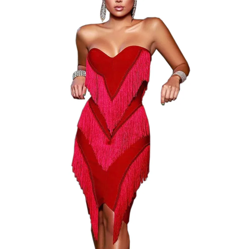 2019 Новое Женское платье без бретелек с кисточками по колено сексуальное вечернее